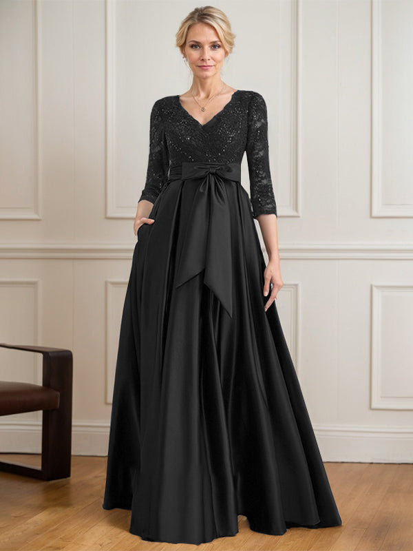 A-line V-Neck Floor-Length Satin Lace Mother of the Bride Dress With Sequins Bow