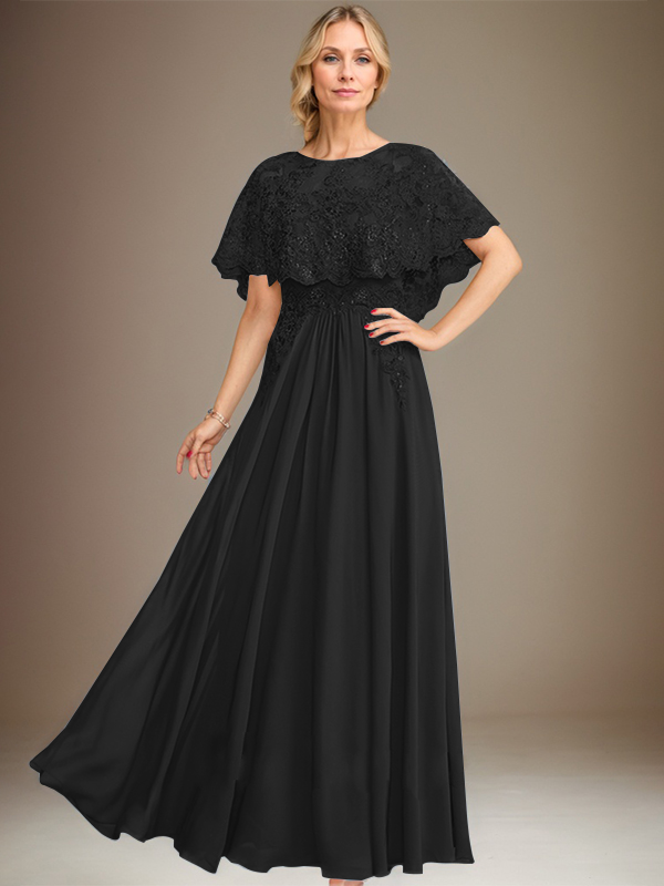 A-line Boat Neck Floor-Length Lace Chiffon Mother of the Bride Dress With Applique Sequins