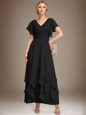 A-line V-Neck Ankle-Length Lace Chiffon Mother of the Bride Dress With Cascading Ruffles