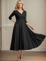 A-line V-Neck Tea-Length Chiffon Lace Mother of the Bride Dress With Beading Sequins