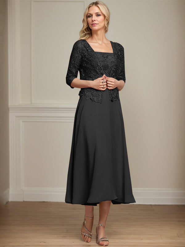 A-line Square Tea-Length Chiffon Lace Mother of the Bride Dress With Sequins Beading