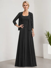 Robe de mère de la mariée trapèze carrée, longueur au sol, en mousseline de soie et dentelle, avec paillettes 
