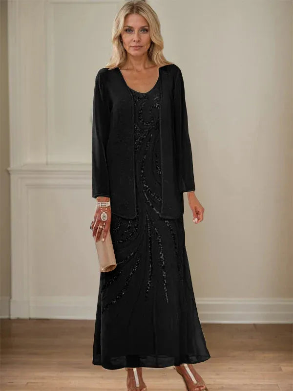 Robe de mère de la mariée fourreau/colonne, col en V, longueur cheville, avec veste et paillettes 