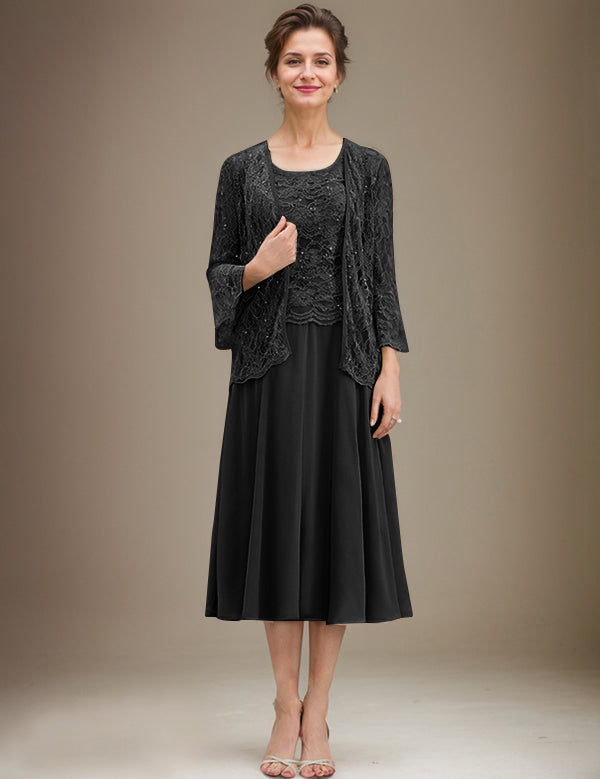 A-line Scoop Tea-Length Lace Chiffon Mother of the Bride Dress With Sequins
