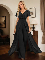 Jumpsuit/Pantsuit V-Neck Floor-Length Chiffon Evening Dress