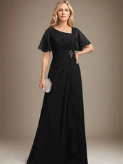 A-line Asymmetrical Floor-Length Chiffon Mother of the Bride Dress With Pleated Beading Sequins