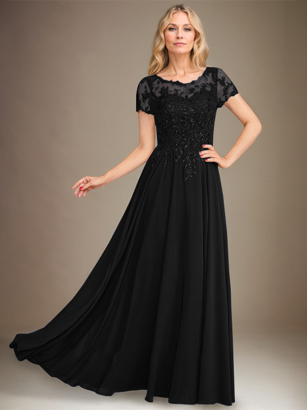 A-Line Scoop Floor-Length Chiffon Mother of the Bride Dress With Applique & Sequins