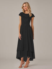 A-line Boat Neck Illusion Asymmetrical Chiffon Lace Mother of the Bride Dress With Applique Pleats