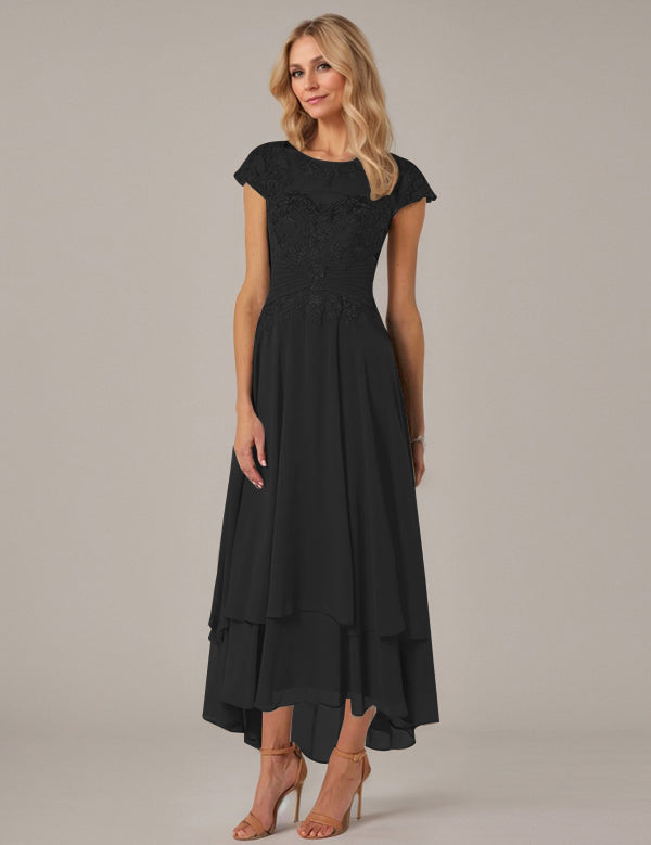 A-line Boat Neck Illusion Asymmetrical Chiffon Lace Mother of the Bride Dress With Applique Pleats