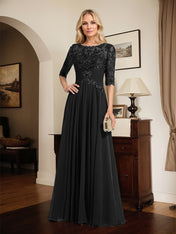 A-line Scoop Illusion Floor-Length Chiffon Lace Mother of the Bride Dress With Pleated Sequins
