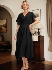 A-line V-Neck Tea-Length Chiffon Mother of the Bride Dress With Pleated Beading