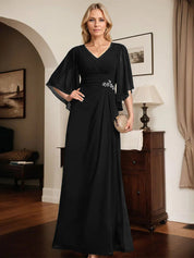Robe de mère de la mariée fourreau/colonne, col en V, longueur au sol, en mousseline, avec paillettes plissées et perles 