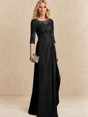 A-line Scoop Illusion Floor-Length Chiffon Lace Mother of the Bride Dress With Beading Sequins Cascading Ruffles
