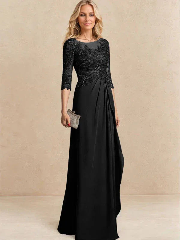 Robe de mère de la mariée trapèze en mousseline de soie et dentelle, longueur au sol, avec perles, paillettes et volants en cascade 