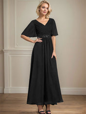 A-line V-Neck Ankle-Length Chiffon Mother of the Bride Dress With Pleated Beading Sequins