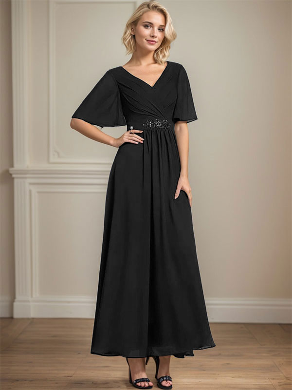 A-line V-Neck Ankle-Length Chiffon Mother of the Bride Dress With Pleated Beading Sequins