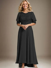 A-line Scoop Illusion Asymmetrical Chiffon Lace Mother of the Bride Dress With Beading