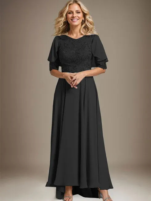 A-line Scoop Illusion Asymmetrical Chiffon Lace Mother of the Bride Dress With Beading