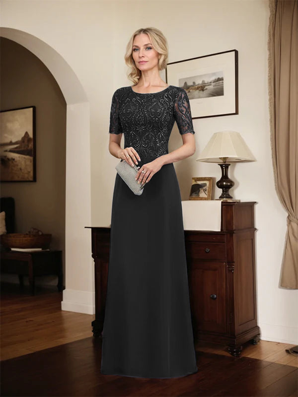 A-line Scoop Floor-Length Lace Chiffon Mother of the Bride Dress With Sequins