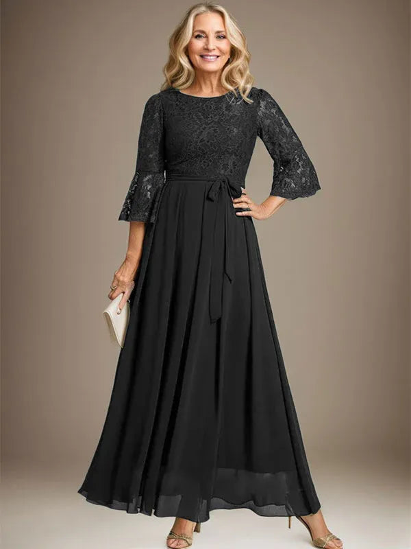 A-line Scoop Ankle-Length Lace Chiffon Mother of the Bride Dress With Bow