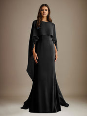 Robe de mère de la mariée en mousseline, coupe fourreau/colonne, col bateau, longueur ras du sol, avec volants en cascade 