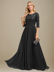 A-Line Scoop Floor-Length Lace Chiffon Mother Of the Bride Dress With Sequins Applique