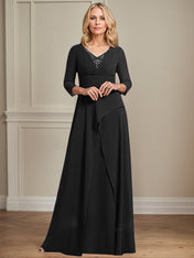 A-line V-Neck Floor-Length Chiffon Mother of the Bride Dress With Pleated Beading