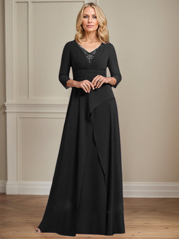 A-line V-Neck Floor-Length Chiffon Mother of the Bride Dress With Pleated Beading