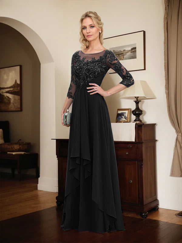 Robe de mère de la mariée trapèze en mousseline de soie et dentelle, longueur au sol, avec volants en cascade 