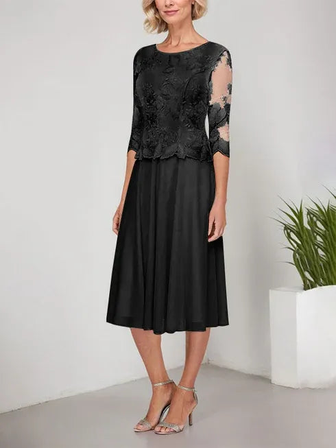 A-line Scoop Tea-Length Lace Chiffon Mother of the Bride Dress With Embroidery