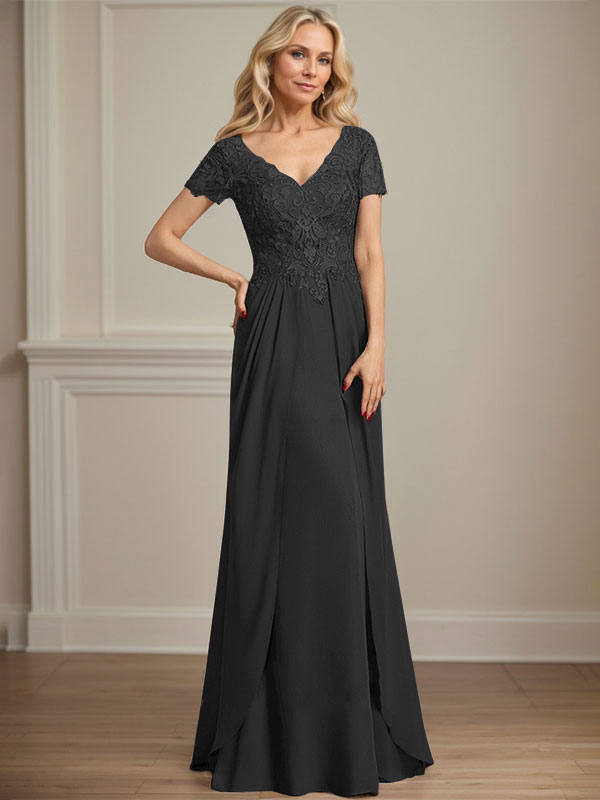 A-line V-Neck Floor-Length Chiffon Lace Mother of the Bride Dress