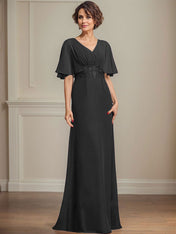 A-line V-Neck Floor-Length Chiffon Mother of the Bride Dress With Pleated Sequins Appliques Lace