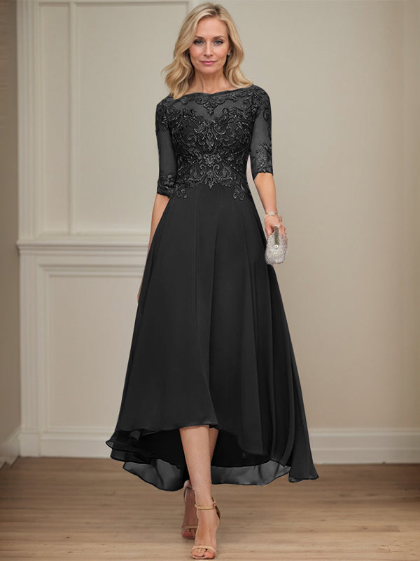 A-line Boat Neck Illusion Asymmetrical Chiffon Lace Mother of the Bride Dress With Sequins Beading
