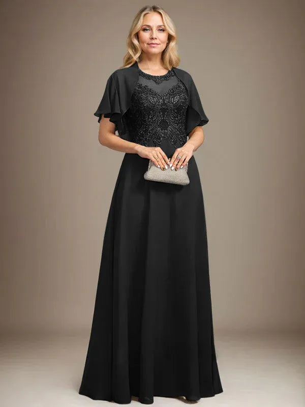 A-line Scoop Illusion Floor-Length Lace Chiffon Mother of the Bride Dress With Sequins