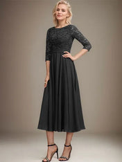 A-line Scoop Tea-Length Lace Chiffon Mother of the Bride Dress With Sequins