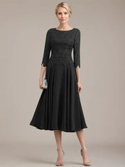 A-line Scoop Tea-Length Lace Chiffon Mother of the Bride Dress