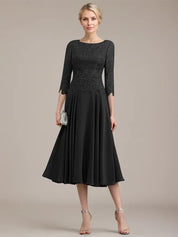 A-line Scoop Tea-Length Lace Chiffon Mother of the Bride Dress