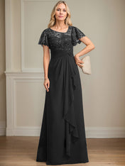 A-line Asymmetrical Illusion Floor-Length Lace Chiffon Mother of the Bride Dress With Cascading Ruffles Sequins