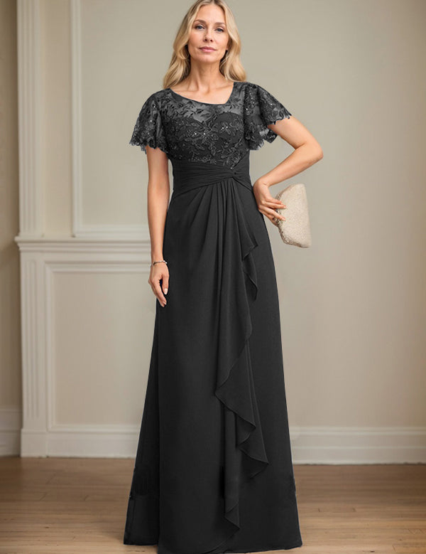 A-line Asymmetrical Illusion Floor-Length Lace Chiffon Mother of the Bride Dress With Cascading Ruffles Sequins
