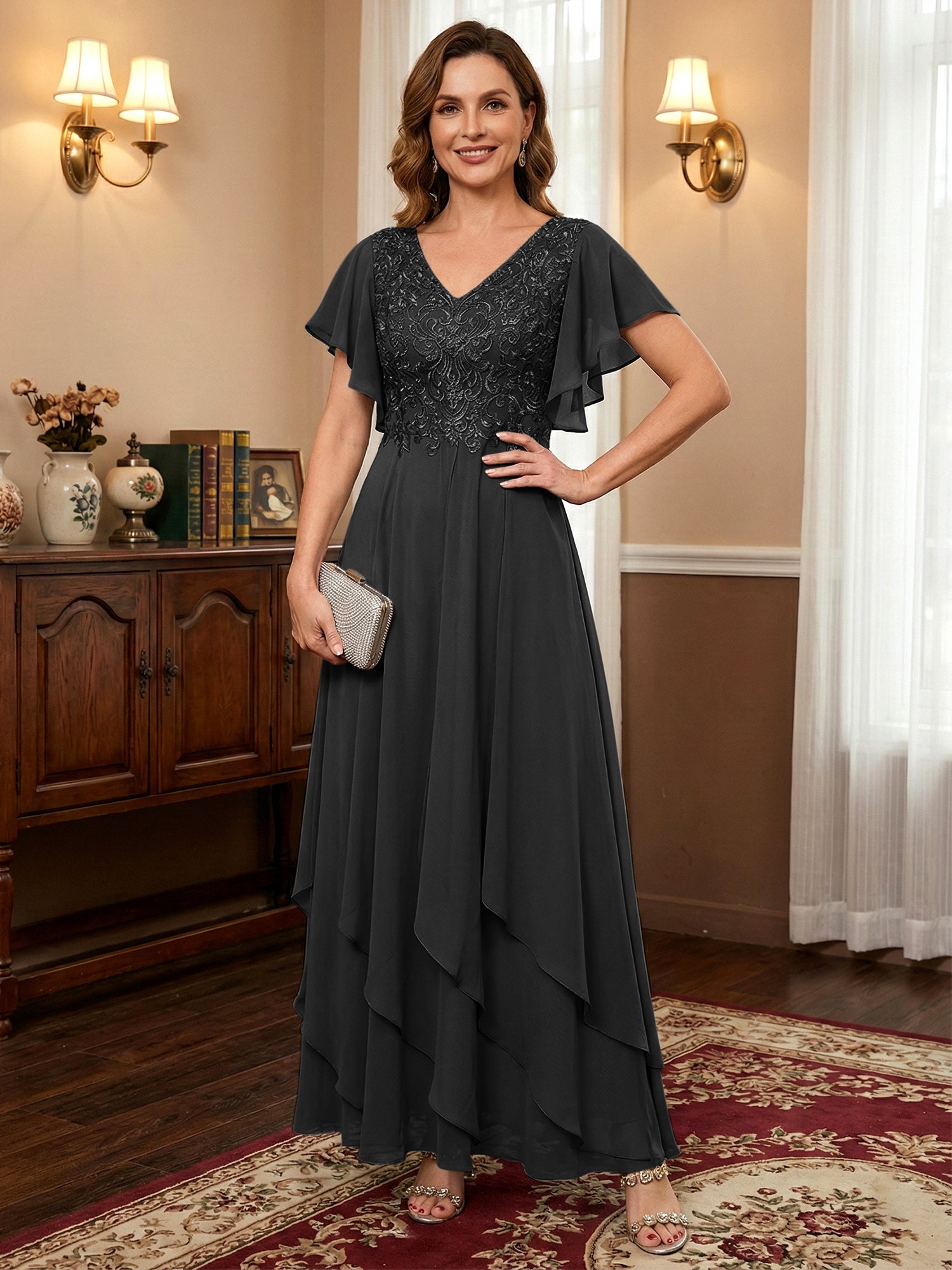 A-line V-Neck Ankle-Length Lace Chiffon Mother of the Bride Dress With Cascading Ruffles