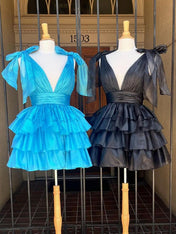 Black A-Line Deep V-Neck Short Tiered Satin Homecoming Dress