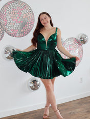 Black A-Line Metallic Pleated Short Homecoming Dress