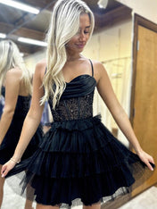 A-Line Spaghetti Straps Tiered Tulle Homecoming Dress with Sequin