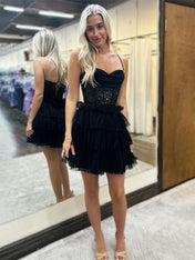 A-Line Spaghetti Straps Tiered Tulle Homecoming Dress with Sequin