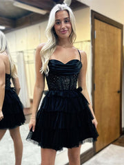 Black A-Line Spaghetti Straps Tiered Tulle Homecoming Dress with Sequin