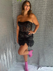 Black A-line Strapless Sequin Ruffle Hem Short Homecoming Dress