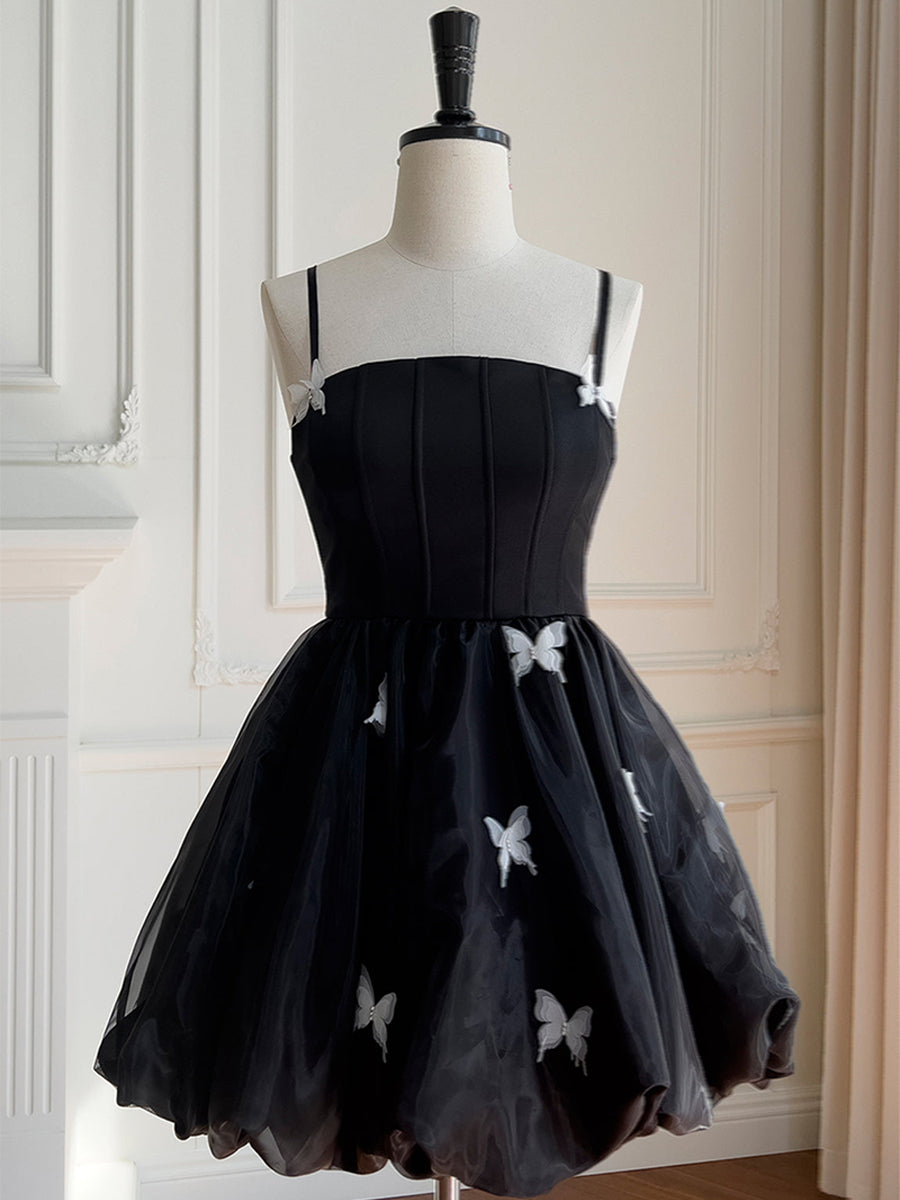 Black A-line Straps 3D Butterfly Short Homecoming Dress