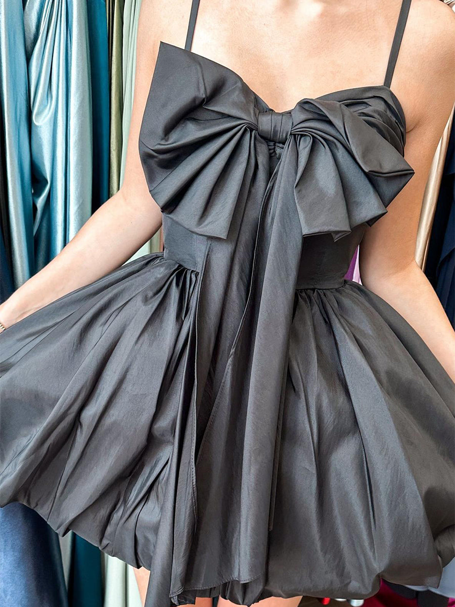 Black A-line Straps Short Homecoming Bubble Dress with Bow