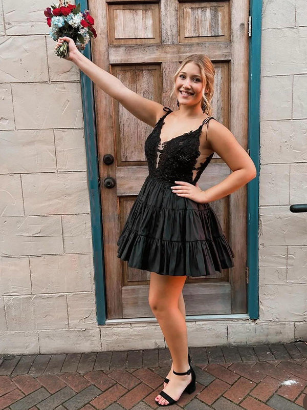 Black A-line V Neck Spaghetti Straps Satin Short Homecoming Dress