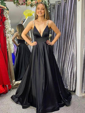 Black A Line  Deep V Neck Satin Long Prom Dress
